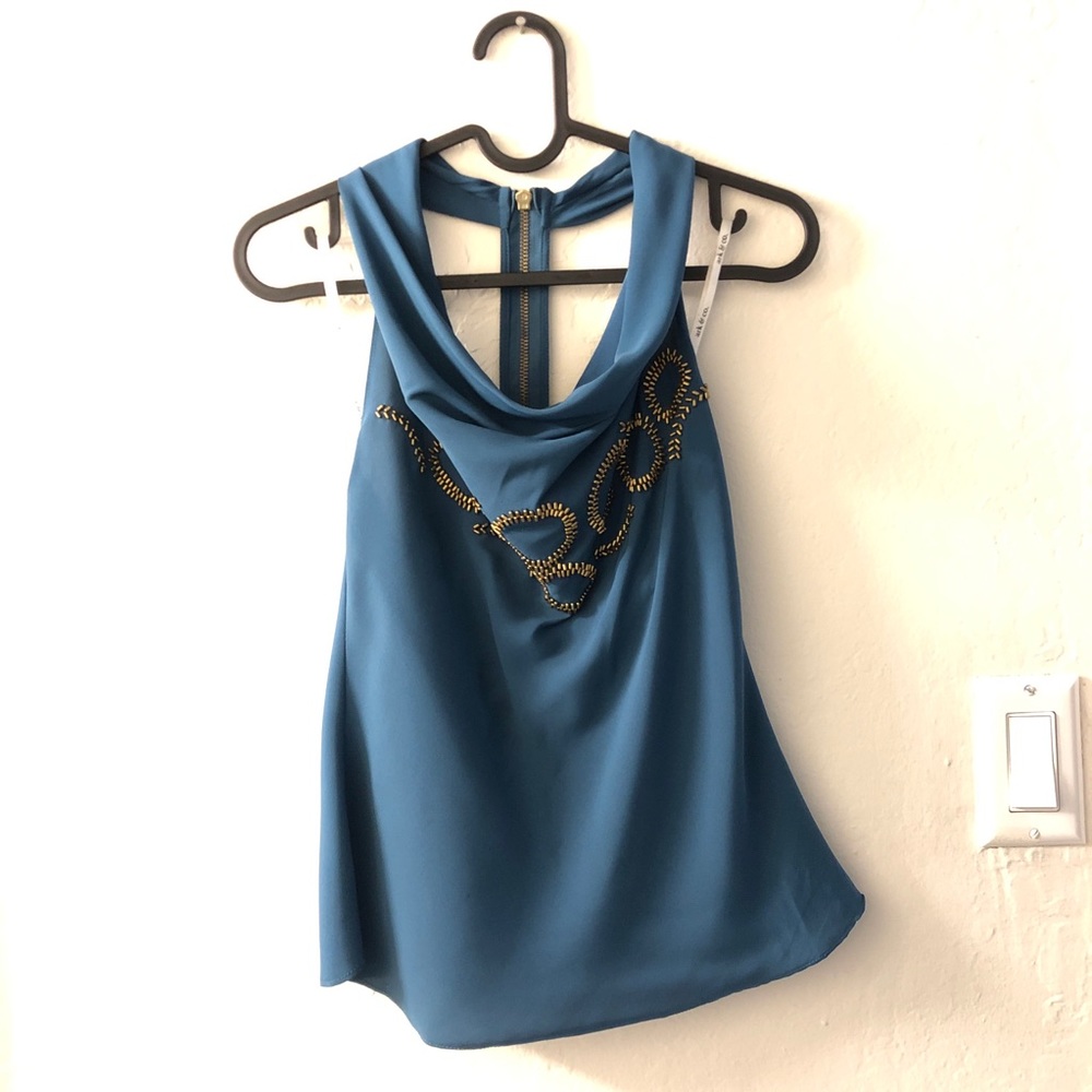 Ark&Co. Embellished Drape Neck Beaded Zip Back Top